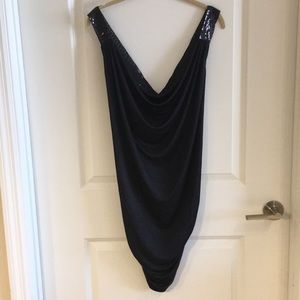 Black Sequin Strap Mini Dress | Draped Front & Back | Crisscross Back | Size L